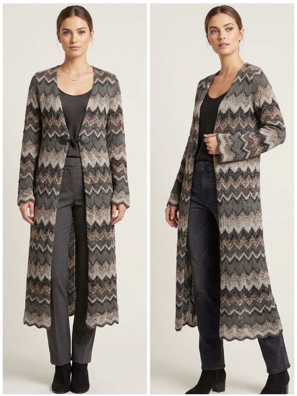 Monroe & Main Gray Multi Chevron Long Cardigan